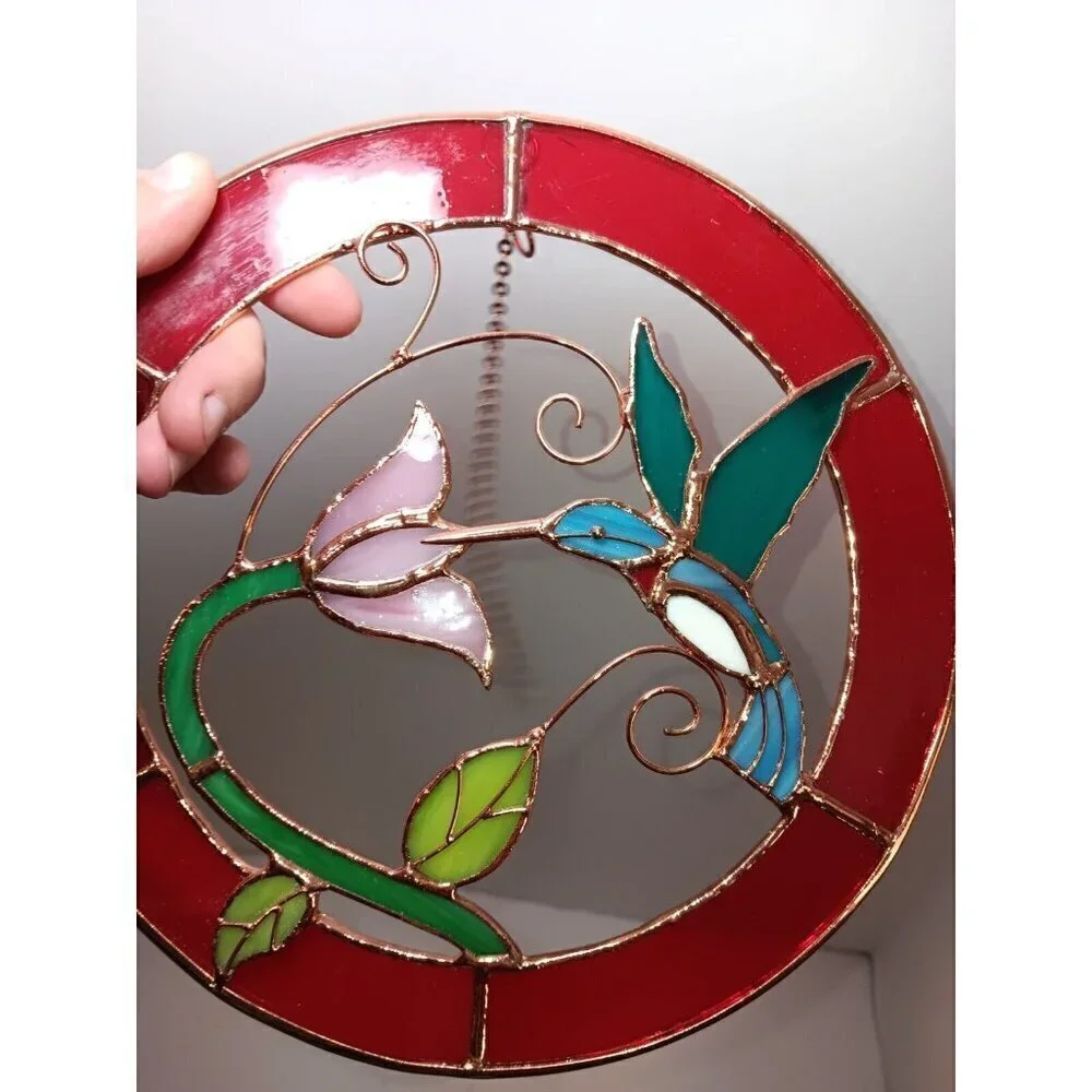 Stained Glass Small Hummingbird Red Circle Frame Window Panel